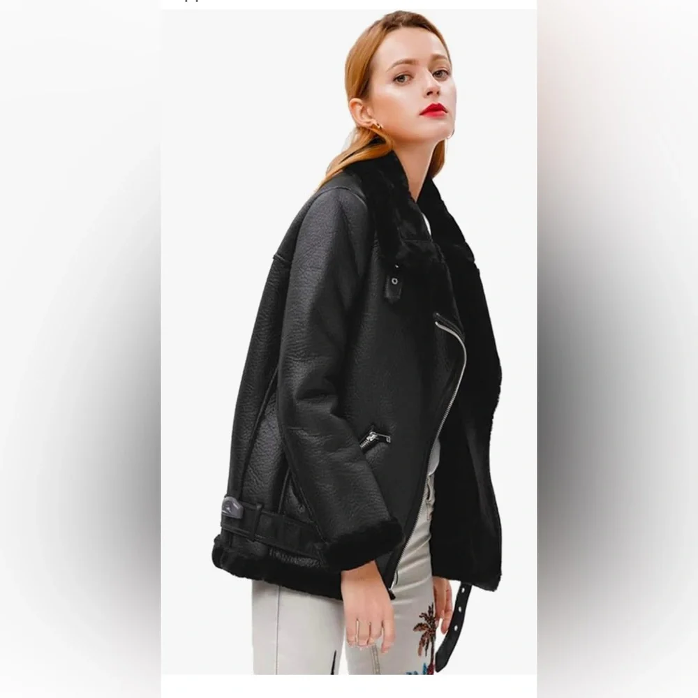 Winter Women Faux Leather Lambs Leather Jacket Moto Biker Coat Fur Collar Zipper - Picture 2 of 4